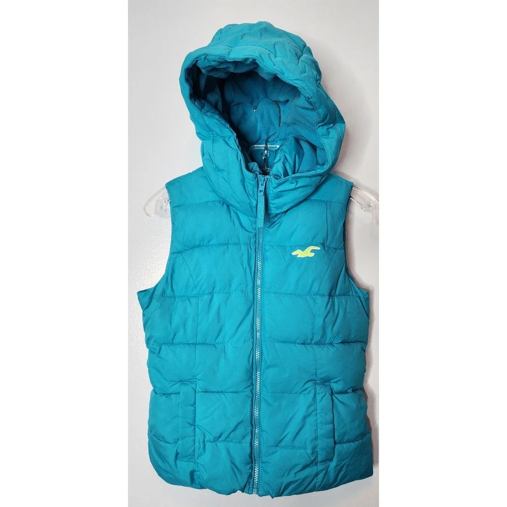 Hollister Puffer Vest Teal Hermosa Logo Hooded Women's XS Lightweight Fleece - Picture 1 of 9